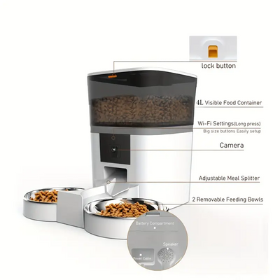 4L Camera Automatic Cat Feeder 2 Stainless Steel Bowls Wifi Control