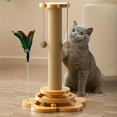 Solid Wood Standing Cat Scratcher & Turntable & Interactive Teaser Stick 40cm